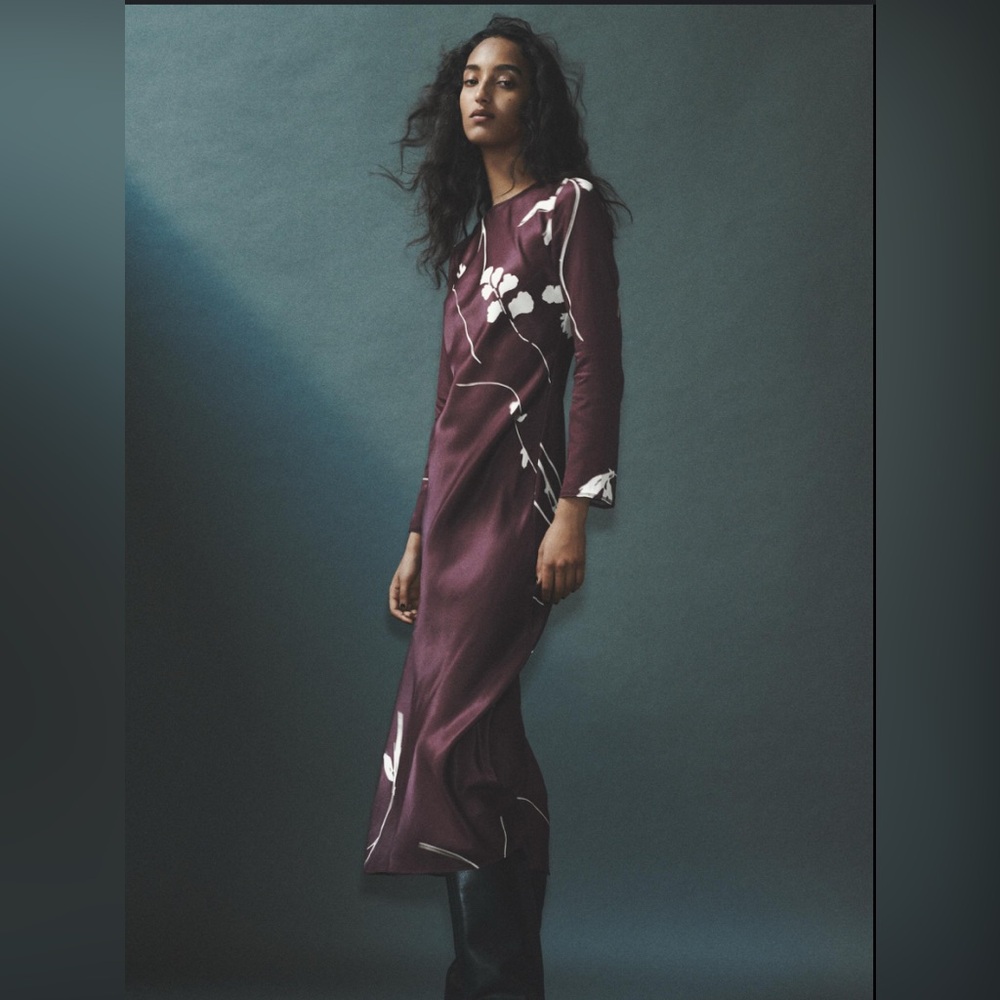 Zara ZW Collection Purple Floral Printed Midi Long Sleeve Dress